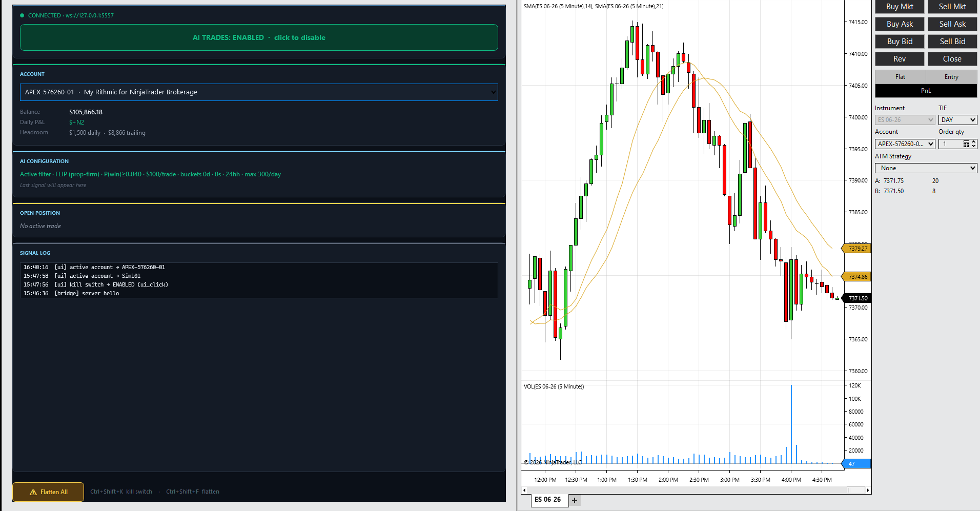 AI Bridge running live against a chart, with account, signals and order panel